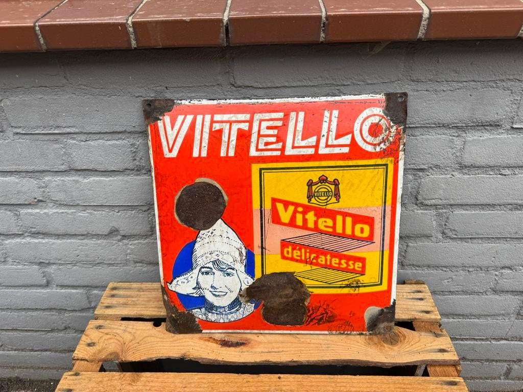 Ancien panneau d'affichage en émail Vitello, Collections, Enlèvement ou Envoi, Utilisé, Panneau publicitaire