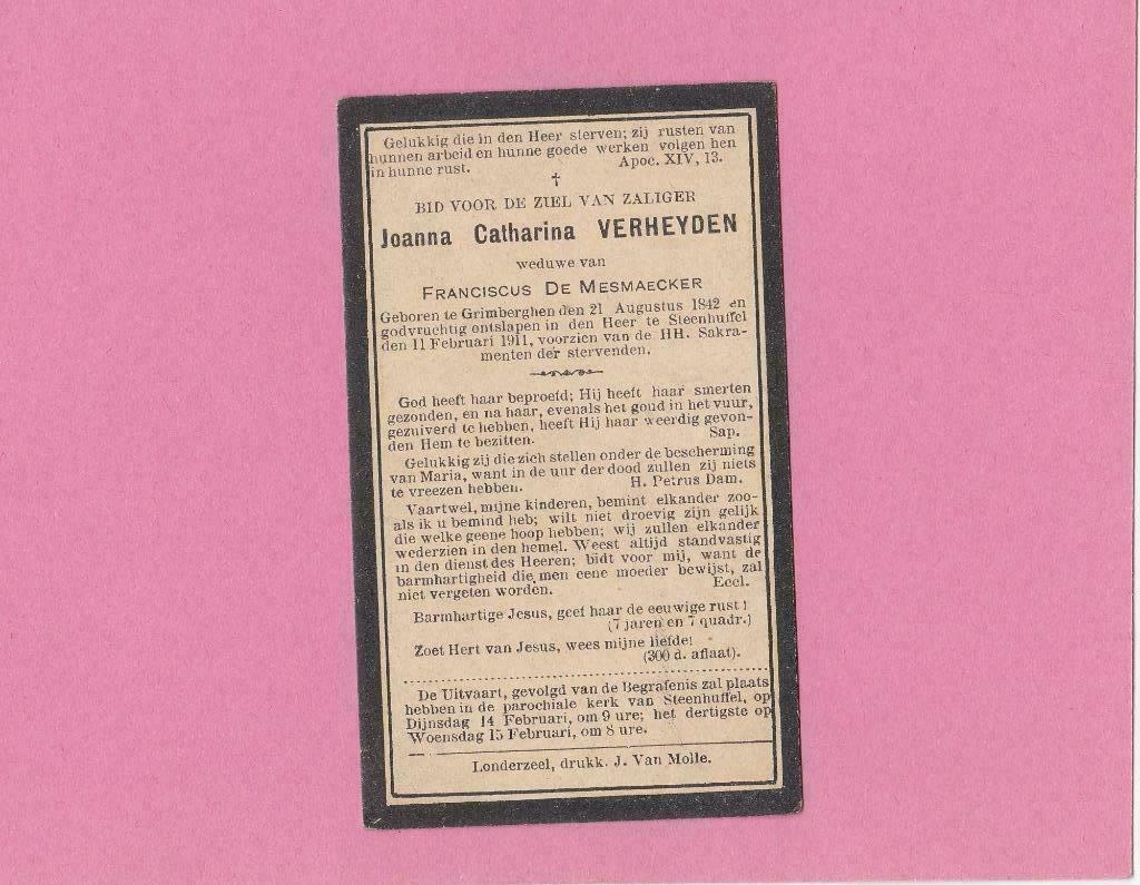DP Joanna Verheyden, Verzenden, Bidprentje