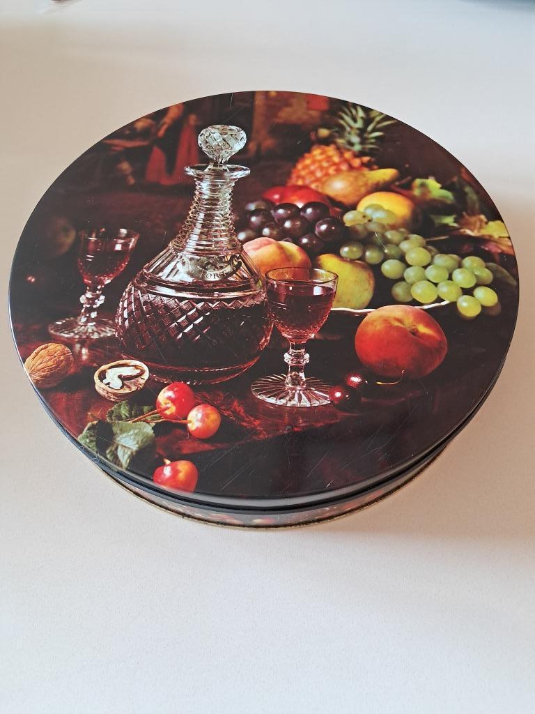 Boîte en fer ronde « nature morte, fruits, vins, Collections, Enlèvement ou Envoi, Utilisé, Autre