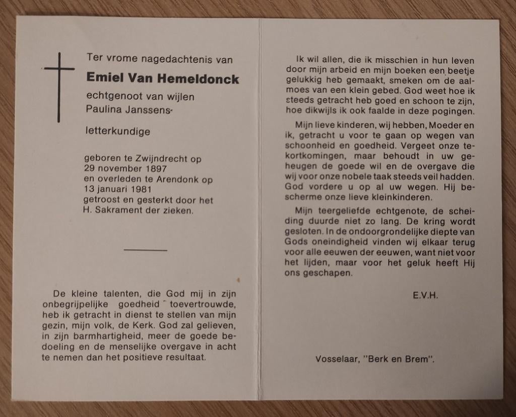 Bidprentje Emiel van Hemeldonck (letterkundige), Verzamelen, Bidprentjes en Rouwkaarten, Verzenden, Bidprentje