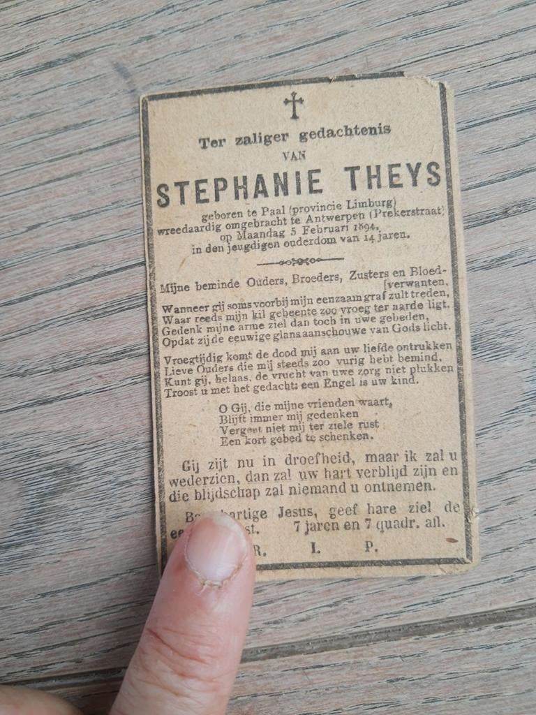 Bp moord 1894, Prekerstraat Antwerpen, 14 j., Theys Stefanie, Ophalen of Verzenden