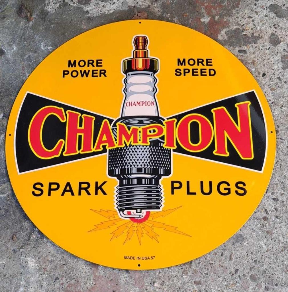 Groot Champion spark plugs USA reclame bord garage showroom, Verzamelen, Ophalen of Verzenden, Zo goed als nieuw, Reclamebord