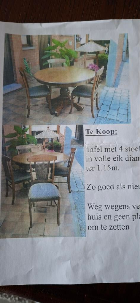 Ronde eiken tafel en 4 stoelen, Enlèvement