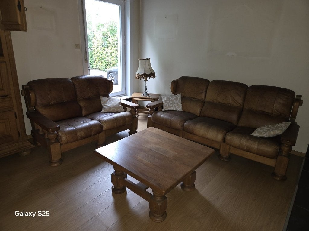 Zware eiken salon - 2zit+3zit+salontafel, Ophalen, Zo goed als nieuw, Hout, Oud Vlaams