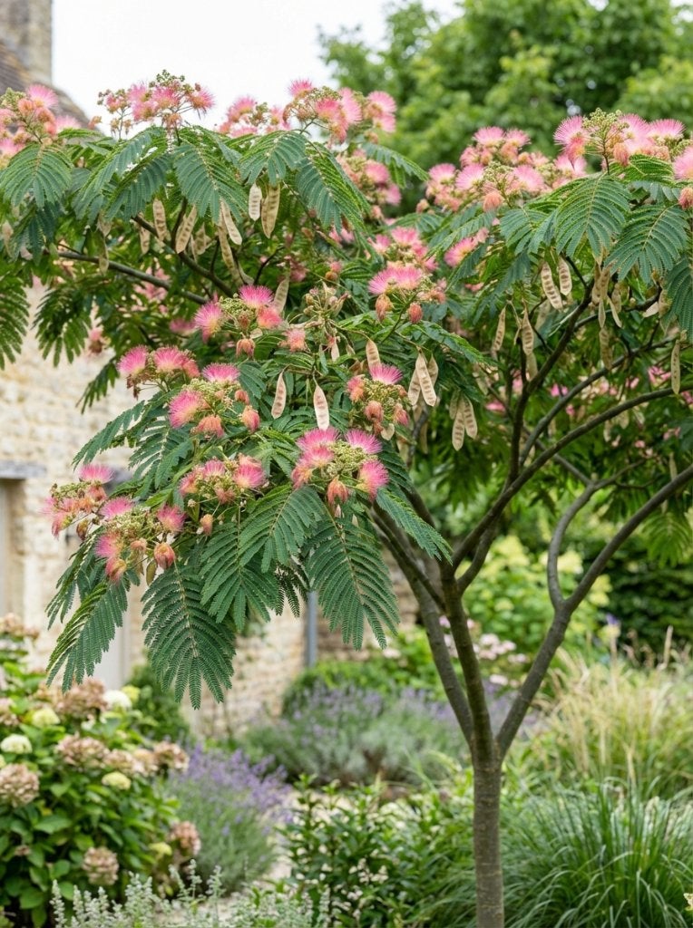 Albizia julibrissin, Tuin en Terras, Dakboom, Zomer, 400 cm of meer, Ophalen