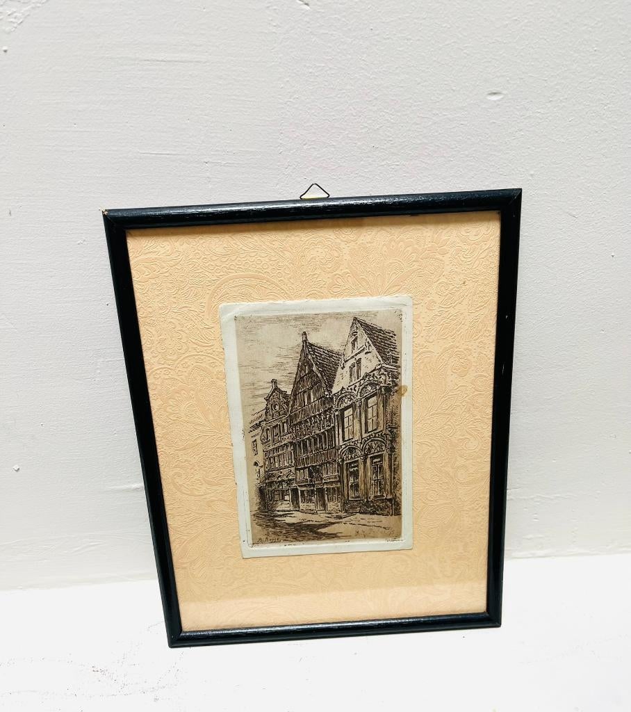 Vintage ets van Mechelen – B. Bagge, Antiek en Kunst, Ets, Architectuur, Ophalen of Verzenden, Gesigneerd