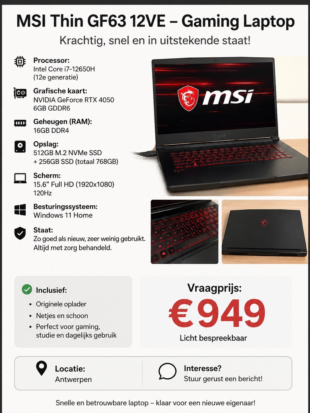 Gaming Laptop MSI, Computers en Software, Windows Laptops, 15 inch, SSD, 16 GB, Gaming, Ophalen