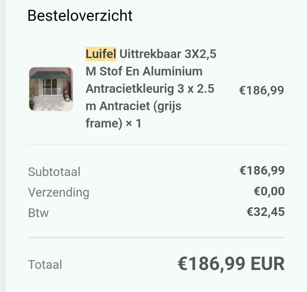 Uittrekbare Luifel donkergrijs 3m op 2,5 m zonnewering, Tuin en Terras, Zonneschermen, Ophalen
