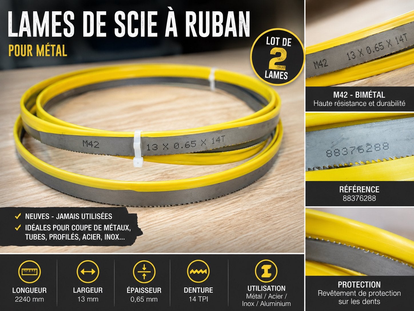 Lot de 2 lames de scie à ruban M42 bimétal 2240 mm – Neuves, Enlèvement, Scie à ruban