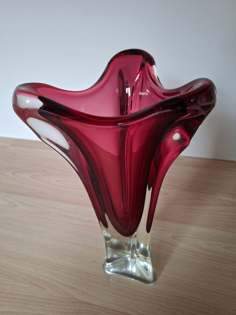 XXL Vintage Glazen Vaas – Rood/Helder – Driepunt (39 cm), Enlèvement ou Envoi