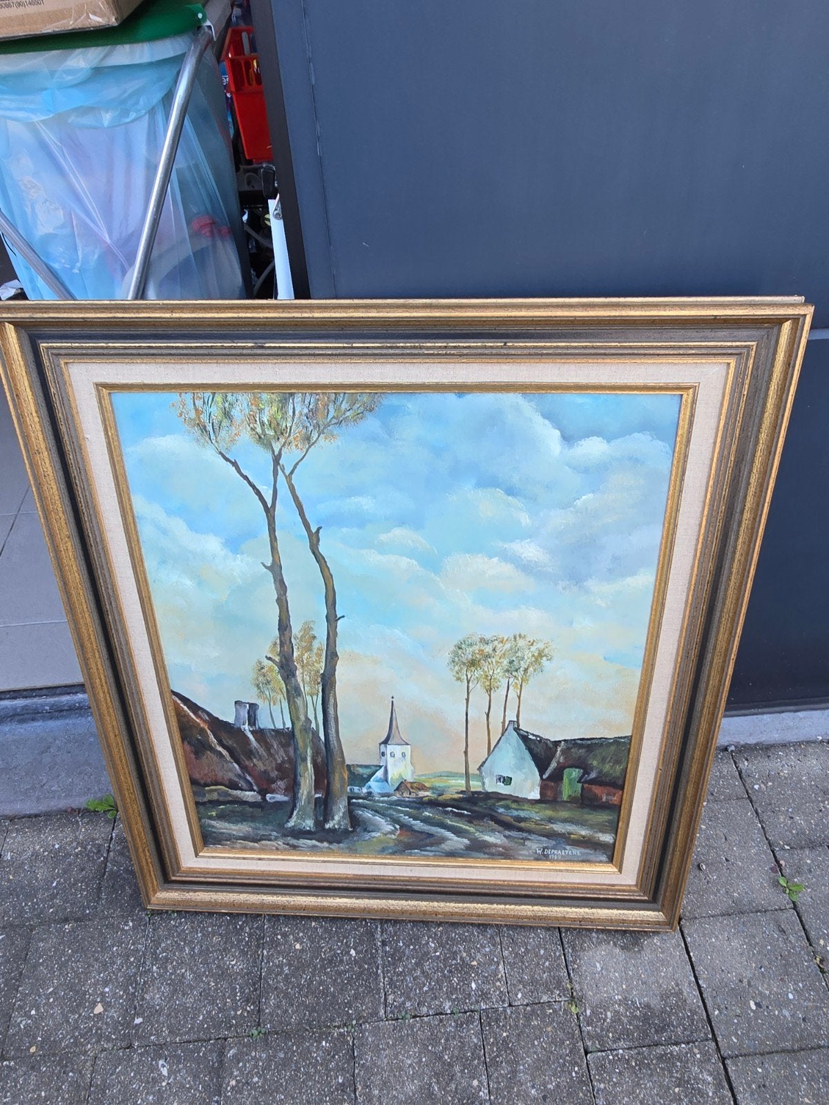 Origineel olieverfschilderij – Landelijk dorpsgezicht met ke, Ophalen, Gedateerd, Olieverf, Paneel