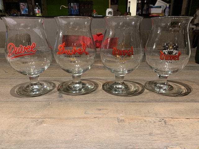 4 duvel glazen 85j te koop, Ophalen of Verzenden, Zo goed als nieuw, Duvel