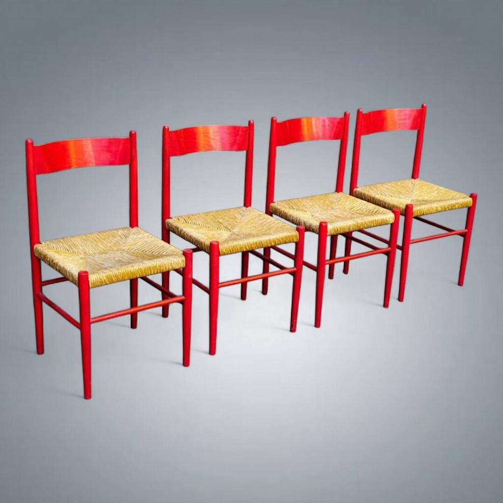 Chaises Vintage Laquées rouge et osier 1970's, Antiquités & Art, Enlèvement