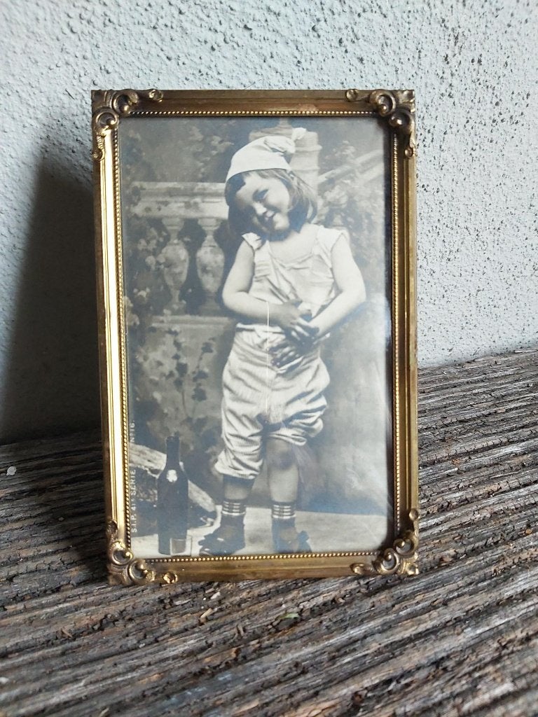Mooi vintage deens fotolijstje met randafwerking & bol glas, Antiek en Kunst, Ophalen of Verzenden