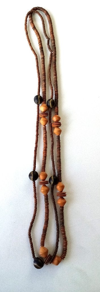 2 longs colliers vintage'80 perles et boules en bois - Impec, Enlèvement, Comme neuf, Autres couleurs, Autres matériaux