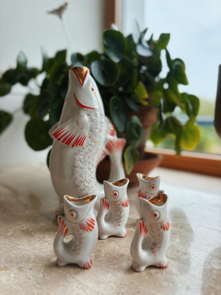 Carafe alcool en porcelaine vintage + 5 verres à shot - URSS, Enlèvement ou Envoi