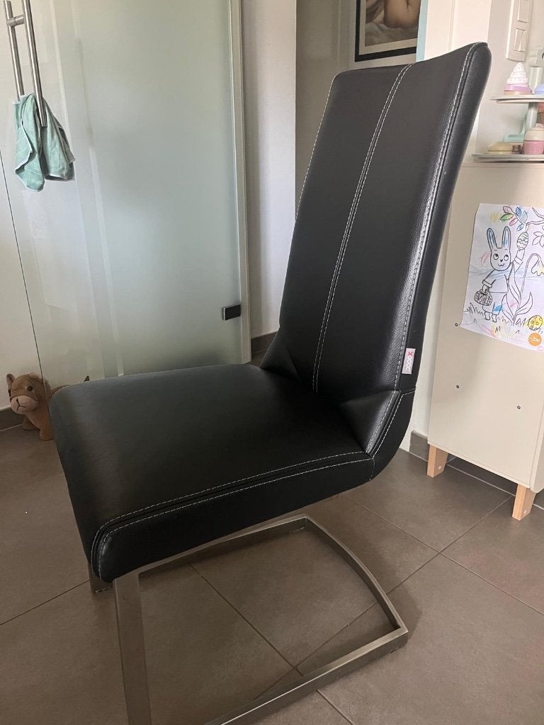 6 prachtige zwart lederen stoelen met inox voet, Maison & Meubles, Chaises, Comme neuf, Enlèvement, Cinq, Six Chaises ou plus