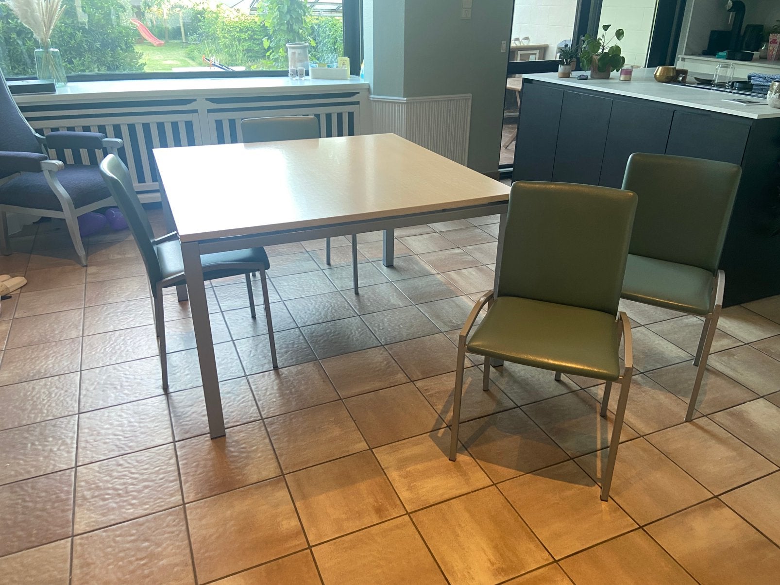 Vierkante tafel 120cm met 6 stoelen, Ophalen, Gebruikt