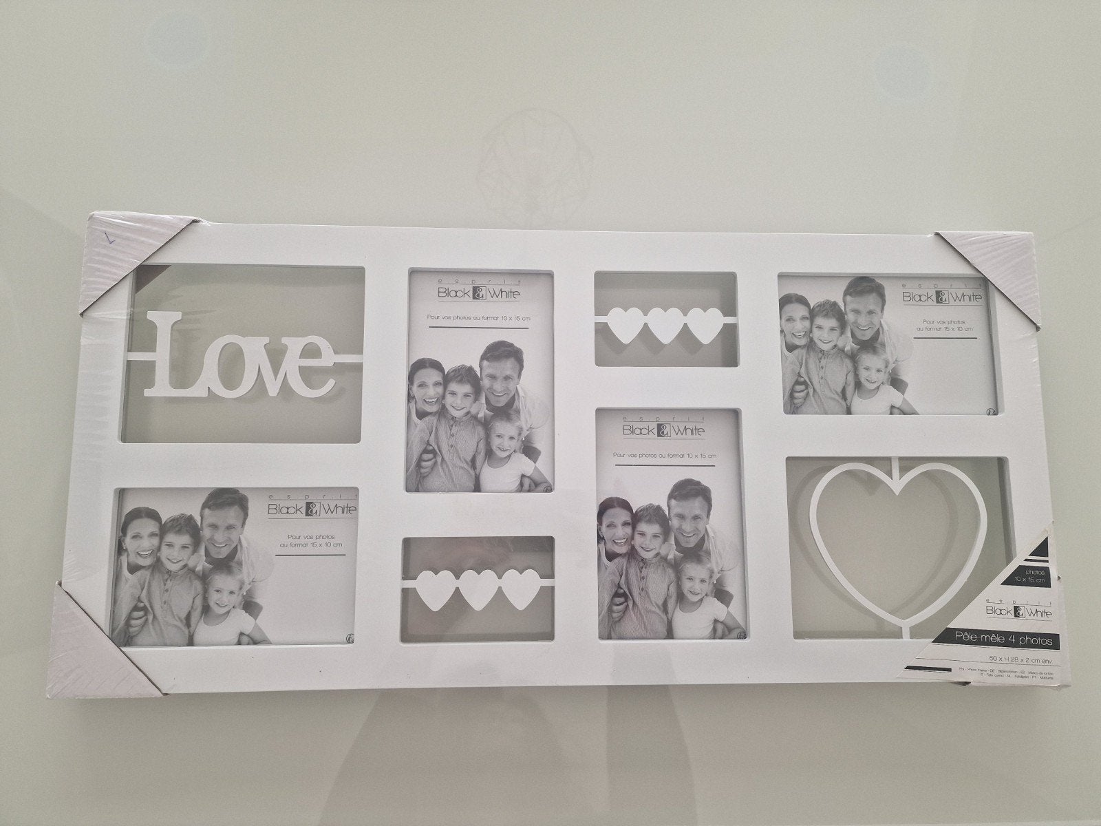 Pêle-mêle cadre photo "Love" neuf – 4 photos – 60x28 cm, Enlèvement, Blanc