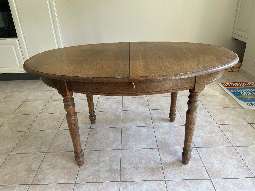 Eiken uitschuifbare ovalen tafel, Huis en Inrichting, Tafels | Eettafels, Ophalen, Gebruikt, Eikenhout, 50 tot 100 cm