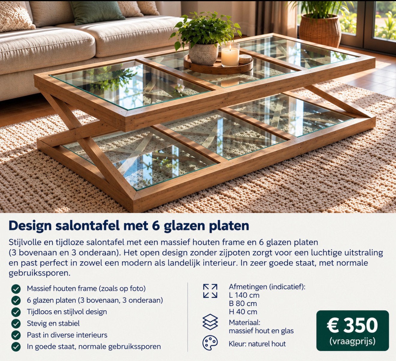 Table basse design avec 6 assiettes en verre, Enlèvement, Comme neuf, Chêne