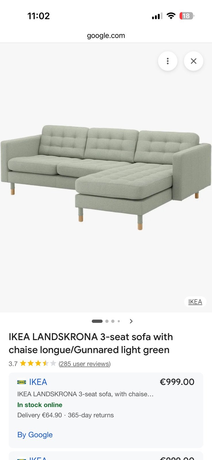 Canapé IKEA LANDSKRONA 3 places avec chaise longue., Enlèvement, Comme neuf