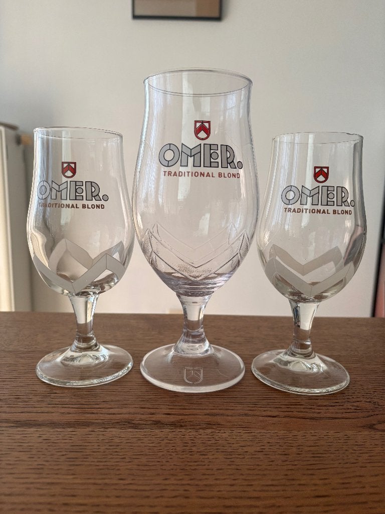 3 omer glazen, Verzamelen, Glas en Drinkglazen, Ophalen, Zo goed als nieuw, Bierglas