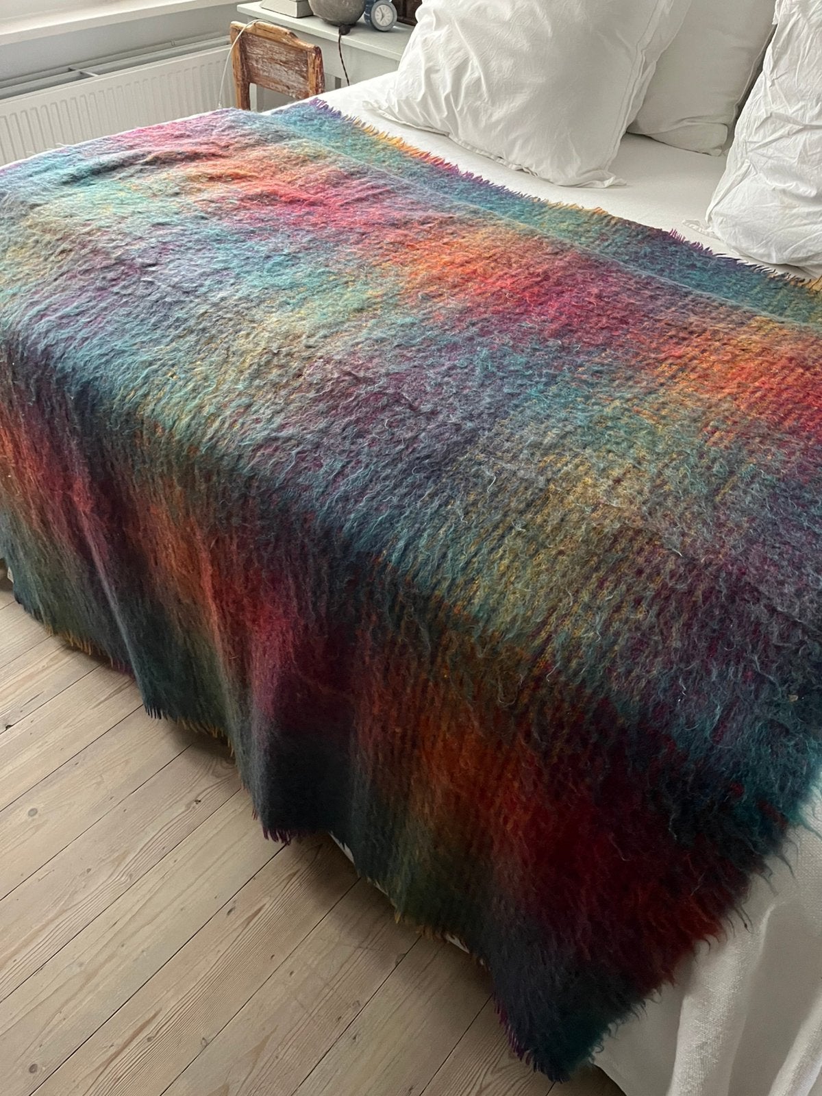 LUXE VINTAGE PLAID THROW BVT 100% MOHAIR RAINBOW AUTHENTIEK, Wol, Ophalen of Verzenden, Zo goed als nieuw, Met franjes/kwastjes