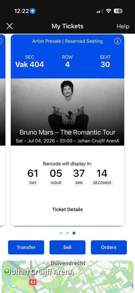 1 ticket Bruno Mars - The Romantic Tour 4 juli, Eén persoon, Juli