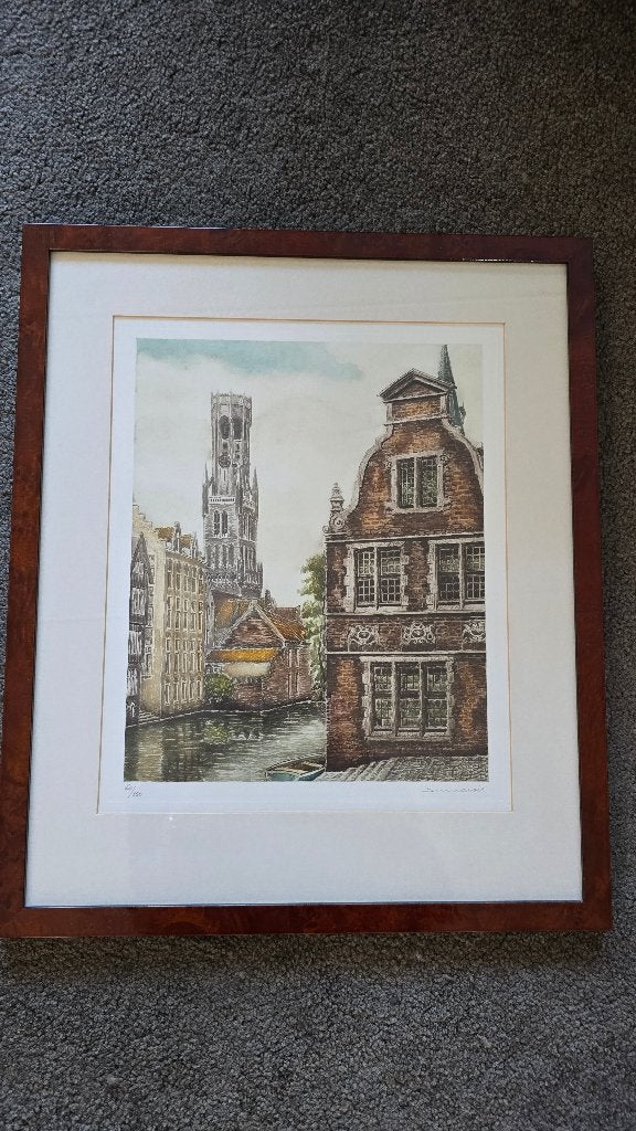 Gravure du paysage urbain de Bruges, Antiquités & Art, Eau-forte, 1950 - 1999, 42 cm, Vue urbaine
