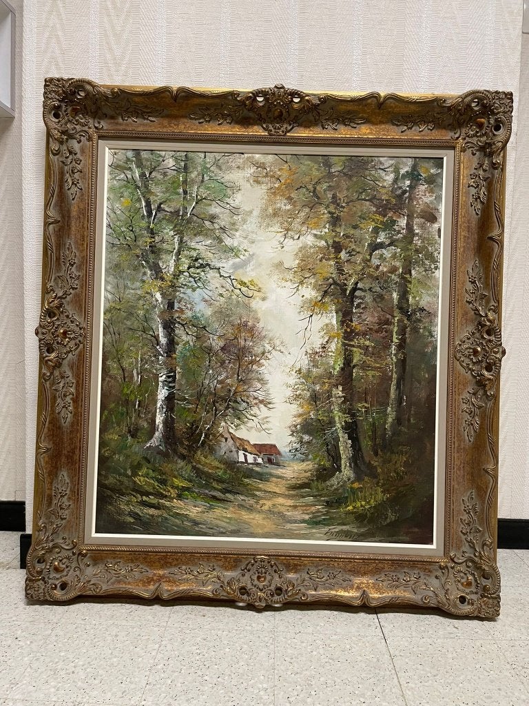 oud,gesigneerd schilderij doek, uitgesneden houten kader, Antiek en Kunst, Kunst | Schilderijen | Klassiek, Ophalen
