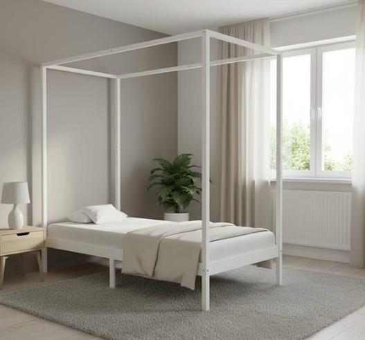 Hemelbed met pocketveringmatras 100x200, Ophalen, 100 cm, Eenpersoons, Wit