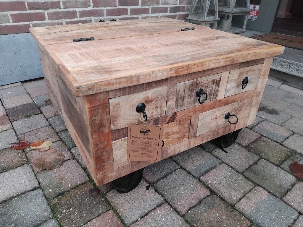 kist salontafel mango hout op wielen nieuw, Ophalen, Nieuw