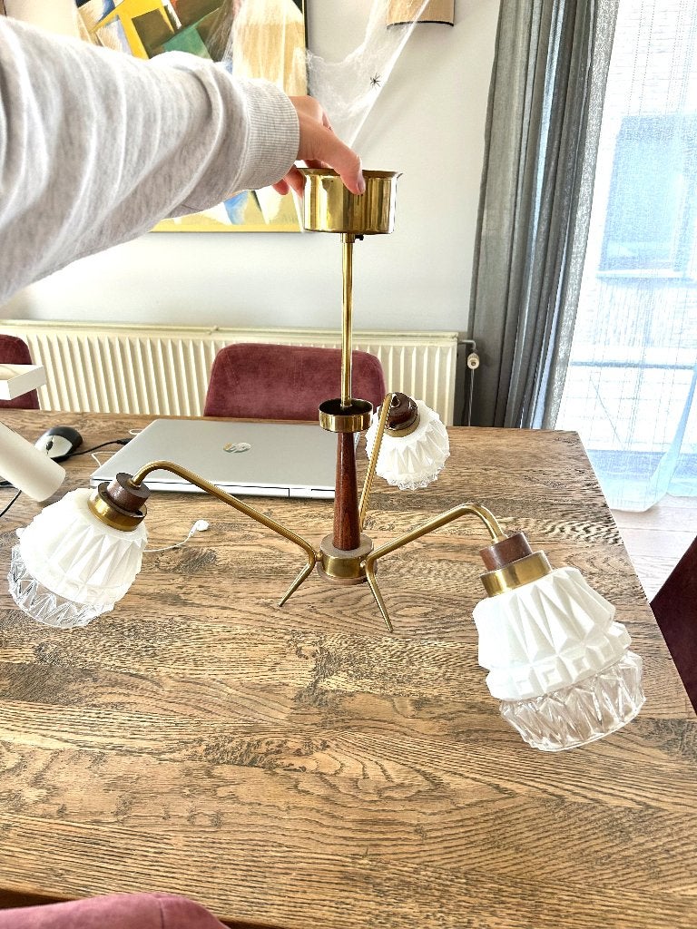 Suspension vintage 3 ampoules bois et métal, Maison & Meubles, Enlèvement, Utilisé, Bois