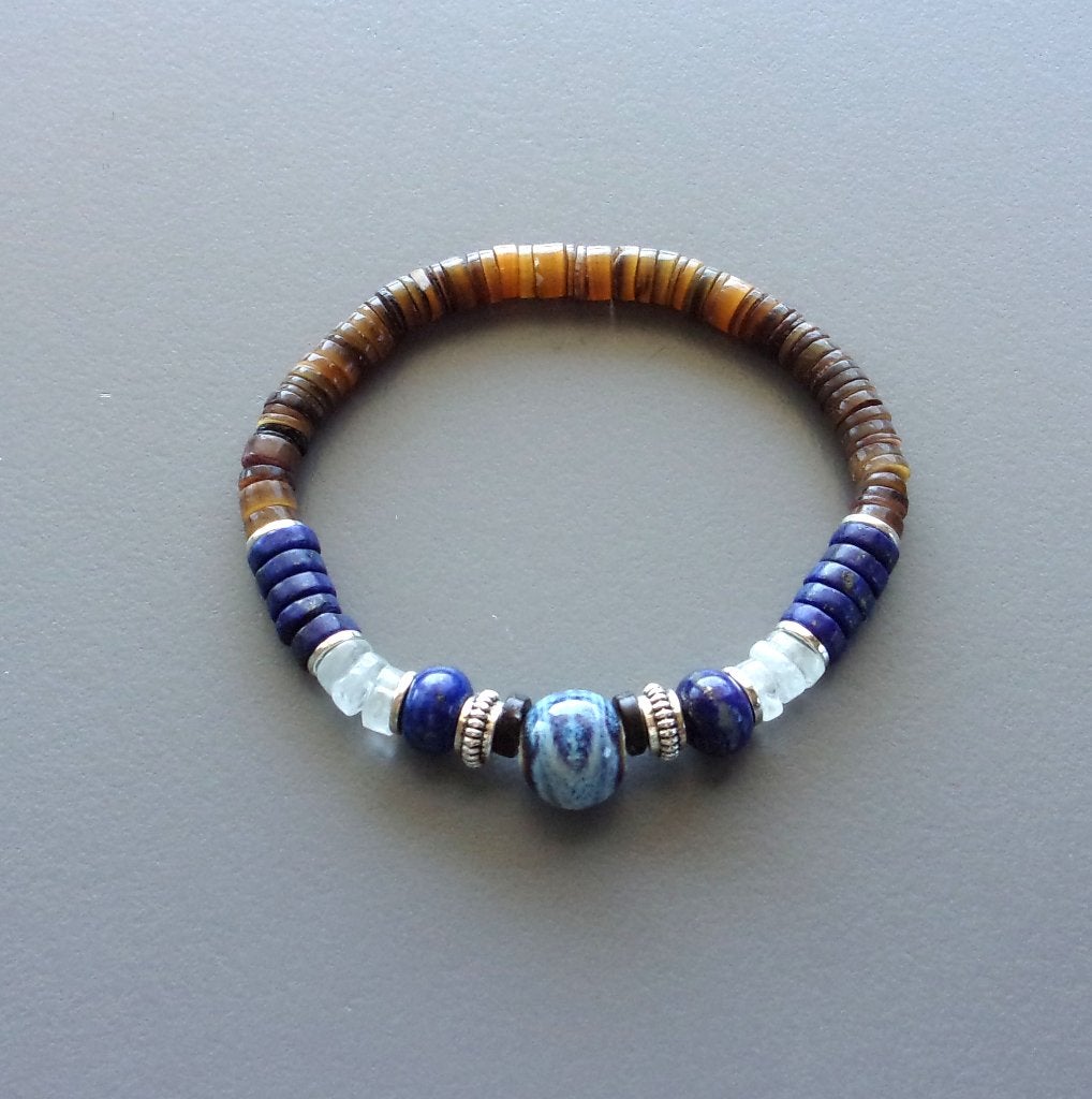 Surferarmband man of vrouw in keramiek, lapis en parelmoer, Handtassen en Accessoires, Armbanden, Met bedels of kralen, Blauw