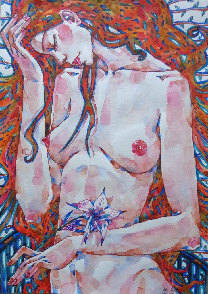 MARUSYA DRAM / NAAKTE VROUW / ORIGINEEL WERK / 42x30cm MONO, Antiek en Kunst, Ophalen of Verzenden, Gesigneerd, Aquarel, Figuren