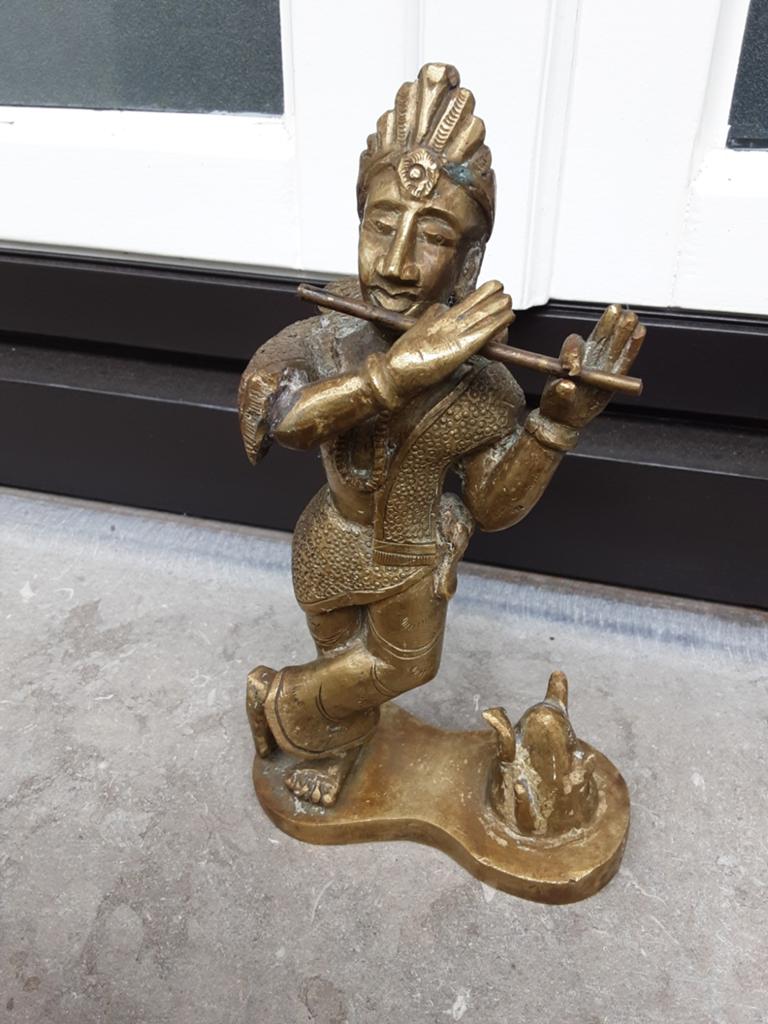 Koperen beeldje van de hindoistische God Krishna die fluit s, Antiek en Kunst, Ophalen