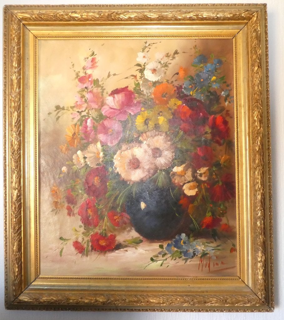 huile sur toile - Nature morte aux fleurs - Mudina, Enlèvement ou Envoi