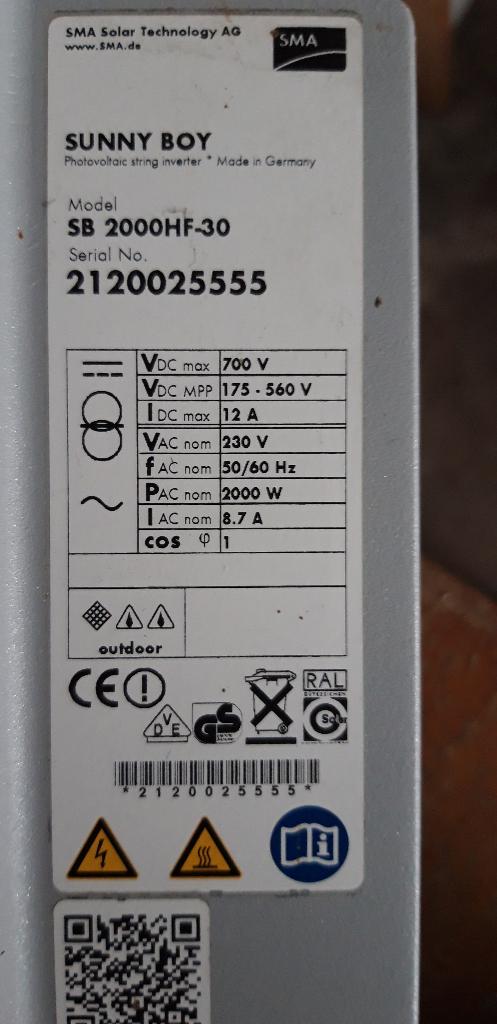 Onduleur SMA SUNNY BOY, Enlèvement, Utilisé, Autres types, 200 watts-crêtes ou plus