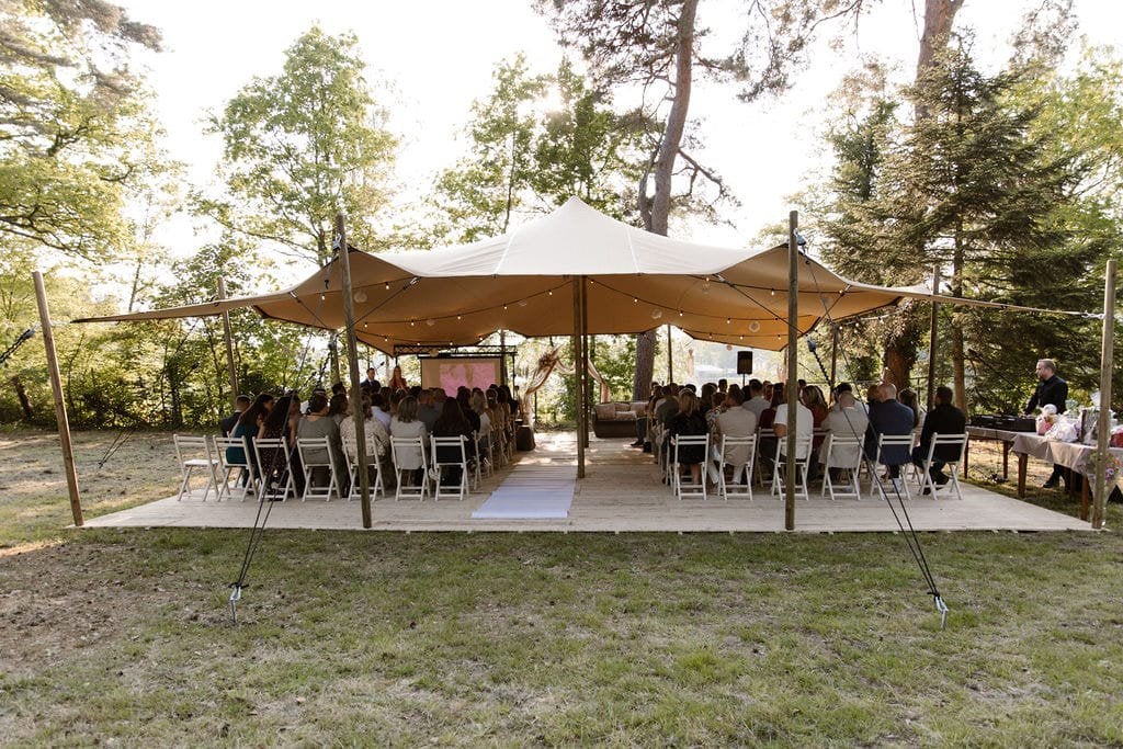 Te huur! Stretchtent 10x12m inclusief verlichting, Tuin en Terras, Ophalen, 6 meter of meer, Nieuw, 8 meter of meer