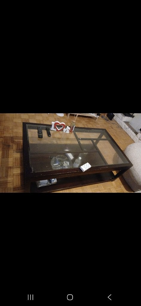 Rechthoekige salontafel in donker hout en glas, Huis en Inrichting, Ophalen, Gebruikt, Rechthoekig, Glas