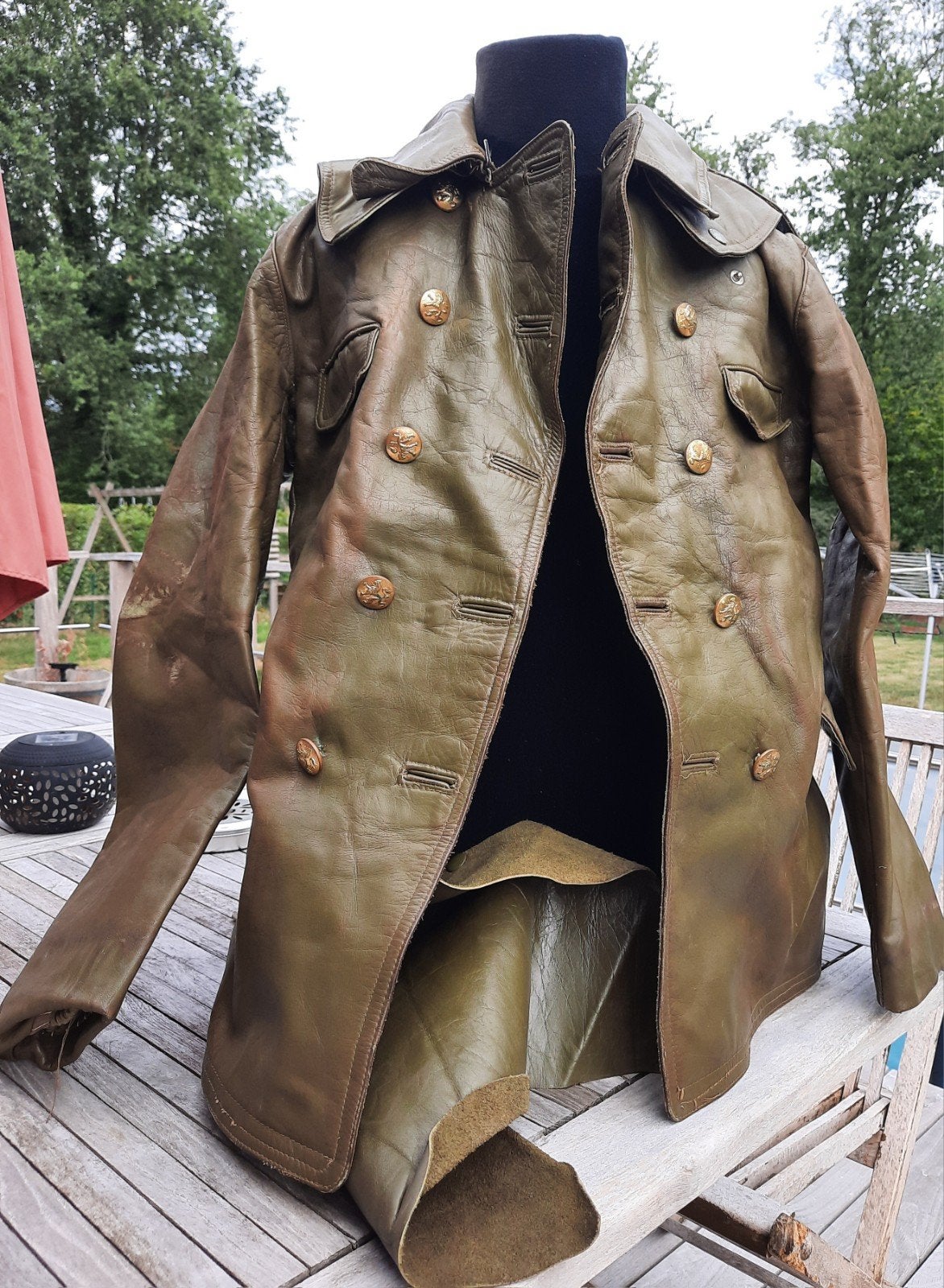 Belgium Army Green Leather Motorcycle Bikers Jacket 1940-50, Collections, Enlèvement ou Envoi