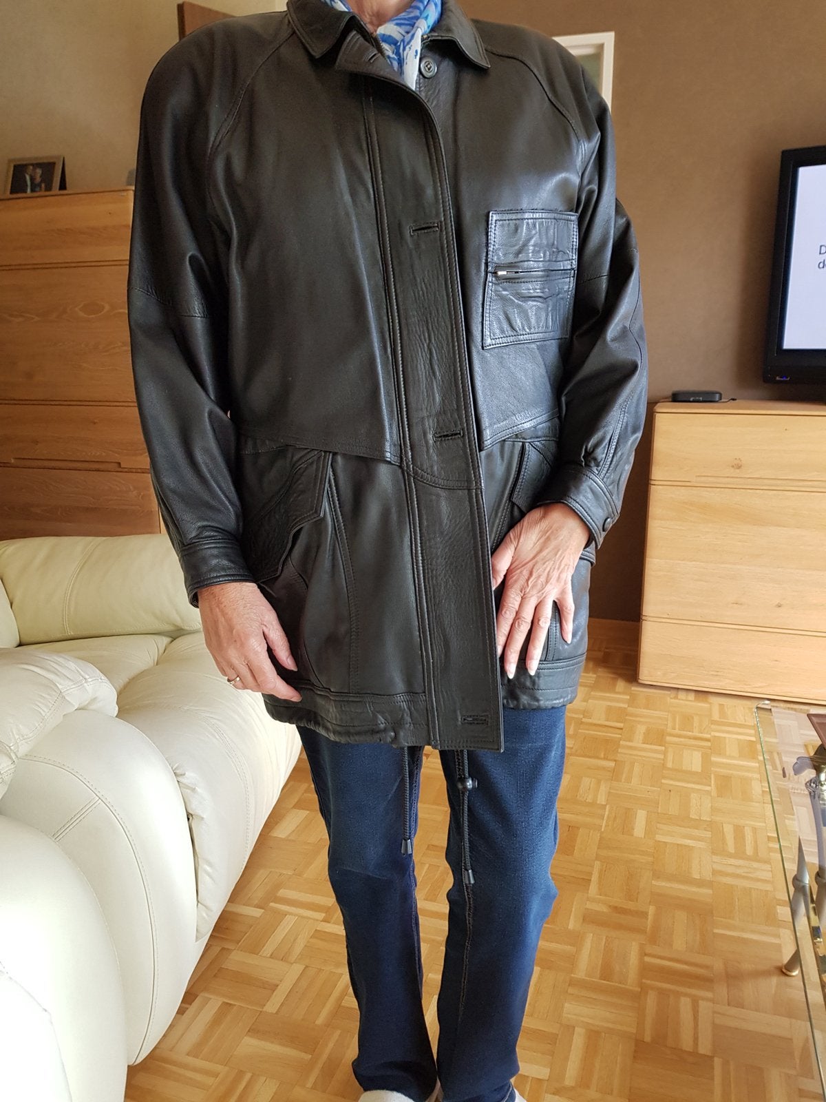 Leder dames jas, met rits en knopen, zwart, maat L, goede st, Ophalen, Zo goed als nieuw, Maat 42/44 (L), Zwart