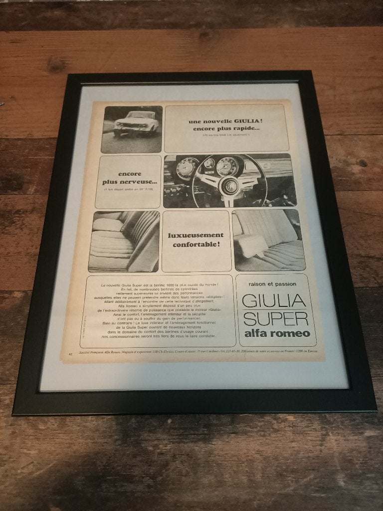 Oude Reclame (in lijst) Alfa Romeo Giulia 105 (1967) 40x30, Verzamelen, Automerken, Motoren en Formule 1, Verzenden