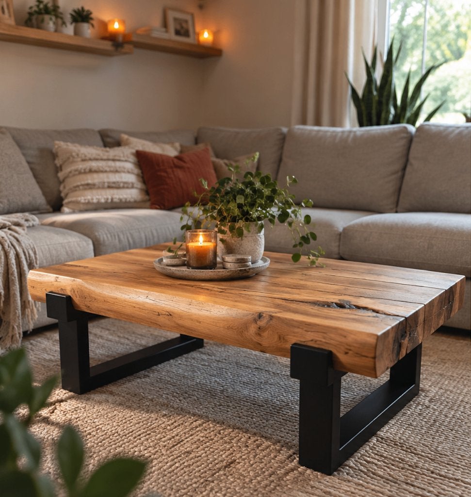 Handgemaakte salontafel uit massief eiken hout en staal, Huis en Inrichting, Ophalen, 50 tot 100 cm, Eikenhout, Nieuw