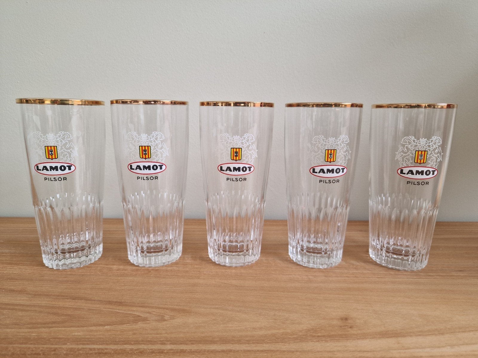 Vintage Lamot bierglazen – set van 5, Verzamelen, Glas en Drinkglazen, Ophalen, Zo goed als nieuw, Bierglas