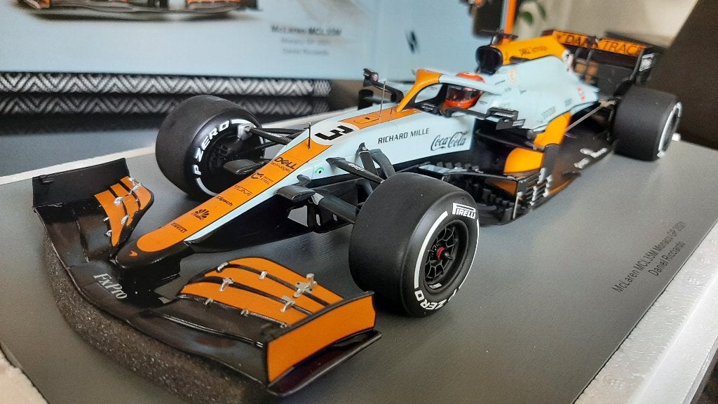 F1 Mclaren MCL35M  Monaco Gulf Daniel Ricciardo 1:18 Spark, Ophalen of Verzenden, Nieuw
