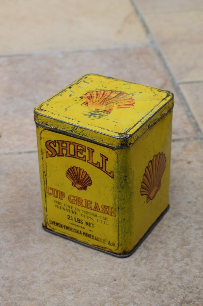 rare bidon huile shell 1930 pot de graisse suède, Collections, Enlèvement ou Envoi, Utilisé, Panneau publicitaire