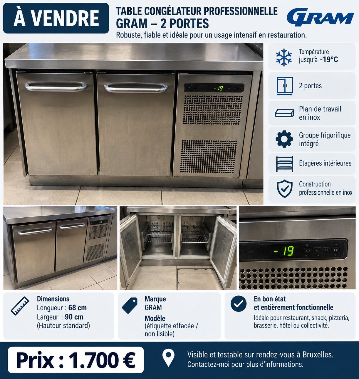 À VENDRE – CONGÉLATEUR PROFESSIONNEL GRAM 2 PORTES, Enlèvement, Refroidissement et Congélation