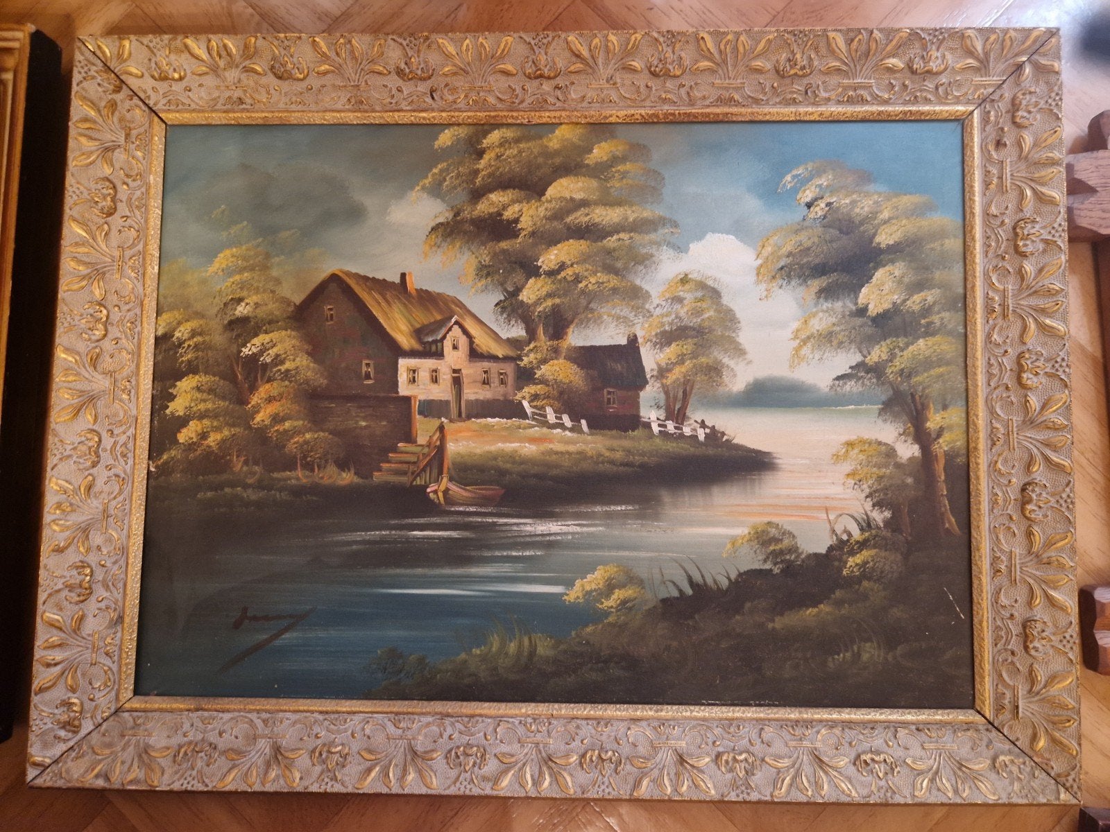 Grand Tableau Huile sur Toile Paysage Bucolique + Cadre Doré, Peinture à l'huile, Paysage, Signé, Enlèvement
